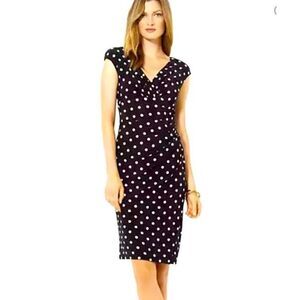 LAUREN by Ralph Lauren midi dress petite 6P Black White Polka Dot Ruched Jersey
